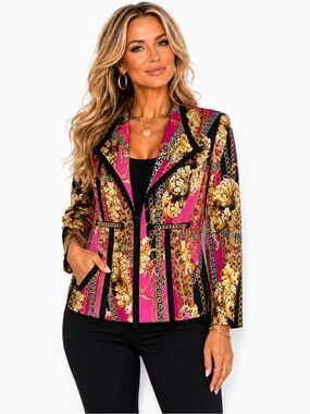 Frank Lyman Baroque Print Blazer Jacket Pink Black Gold Chain Trim Size 14 Luxe